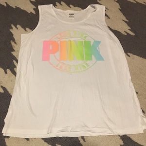 PINK white tank top with colorful logo